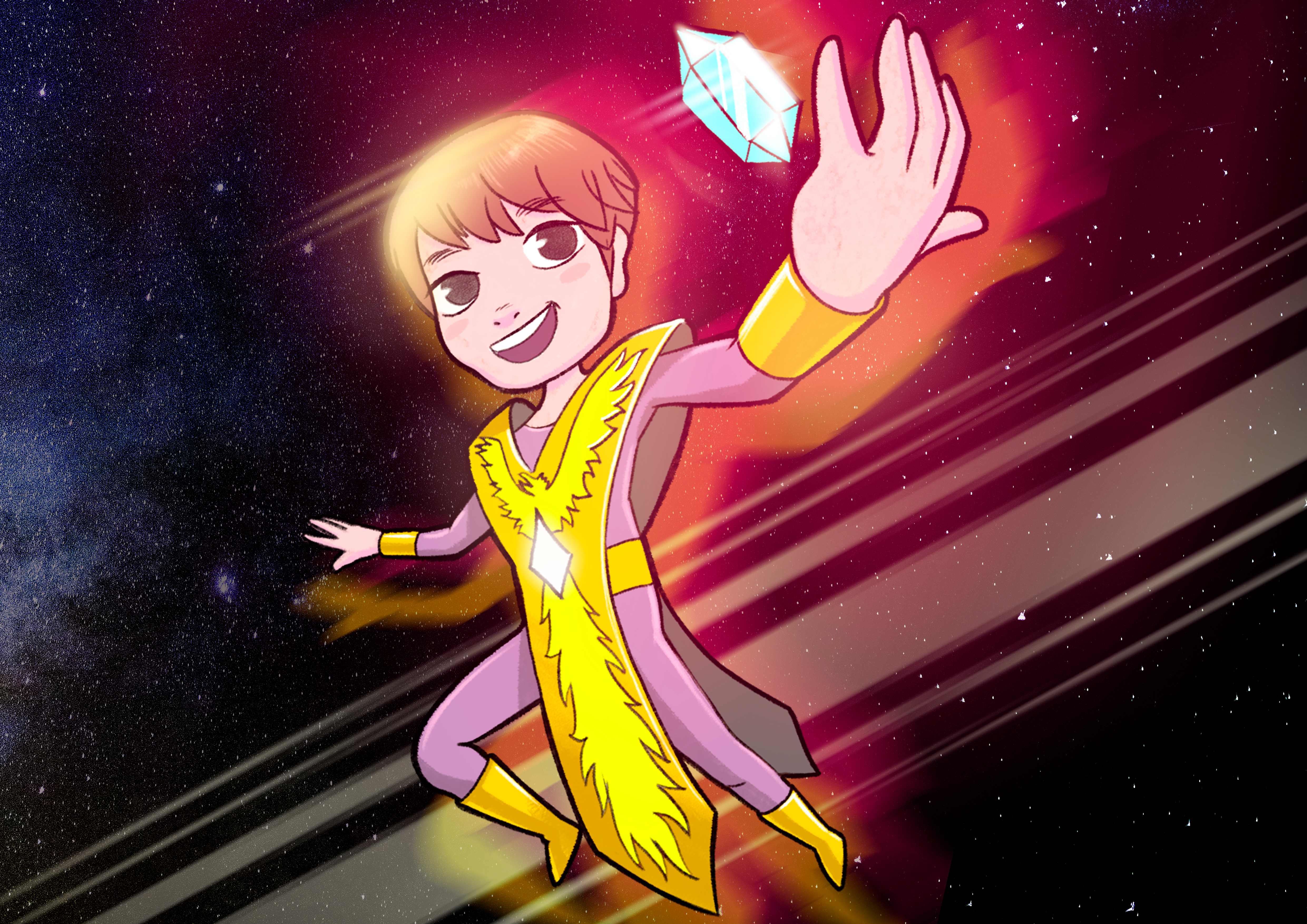 Golden child reaching for cosmic crystals - inspiration for Sacred Worlds